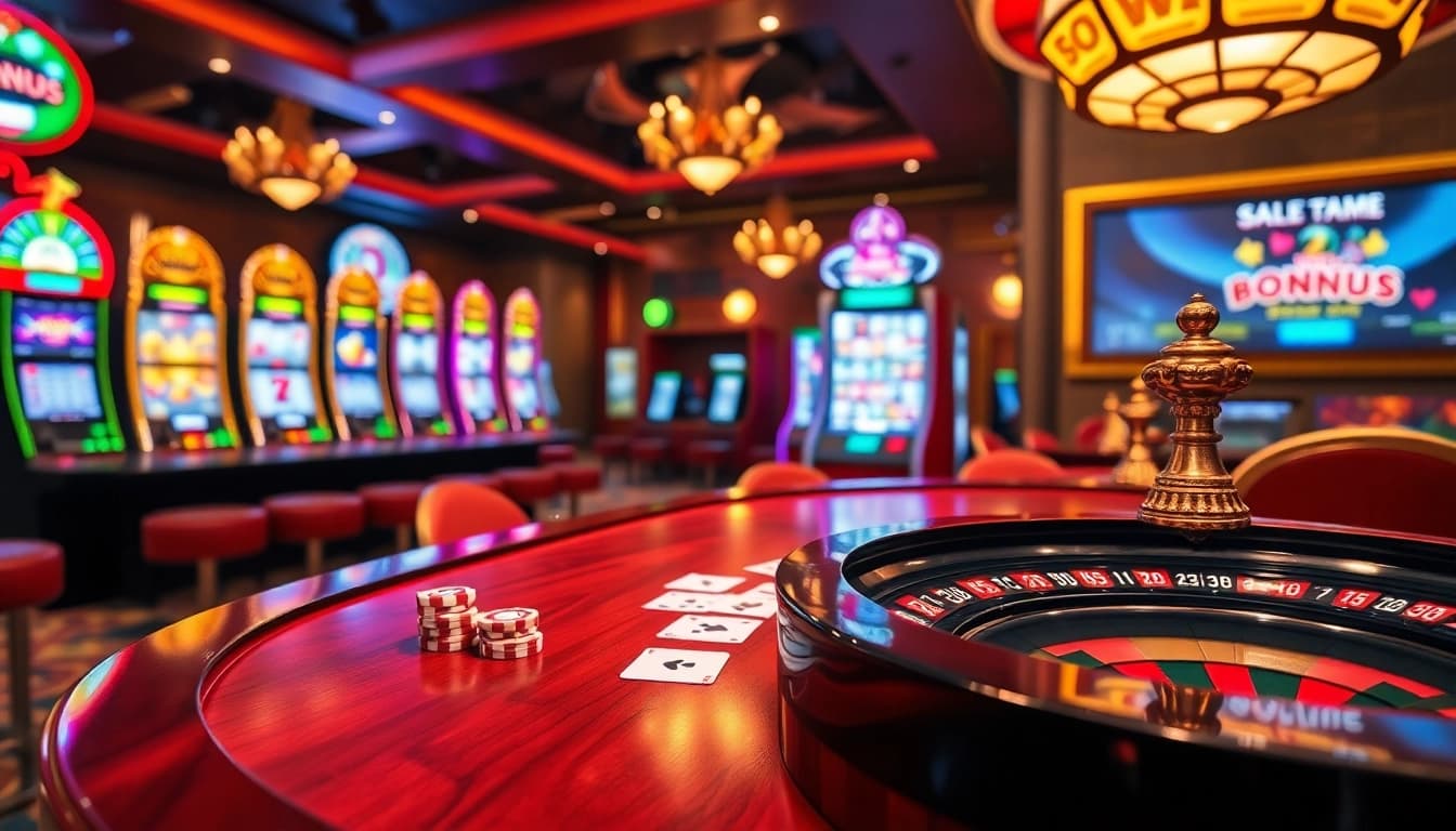 Experience the thrill of slot gacor bonus besar at a luxurious casino with vibrant machines and gaming tables.