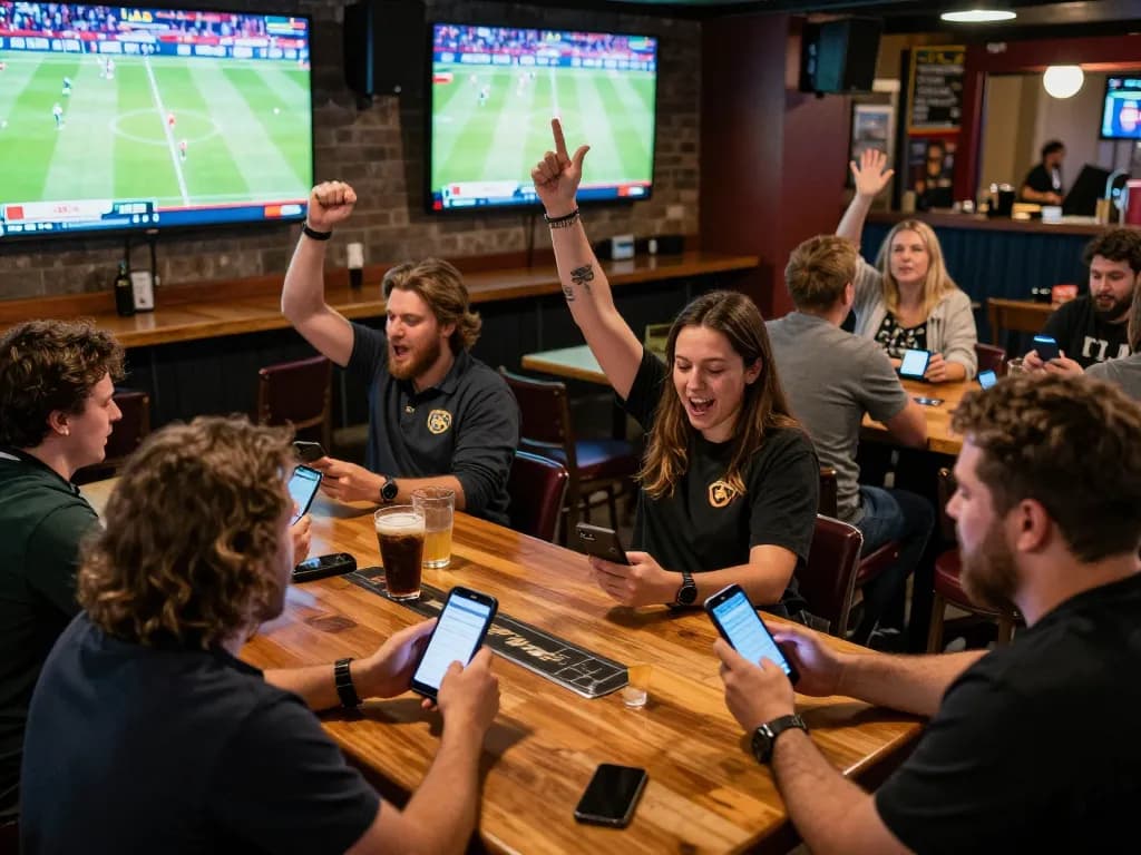 Patrons enthusiastically placing bets on mb66 while watching live sports in a buzzing sports bar