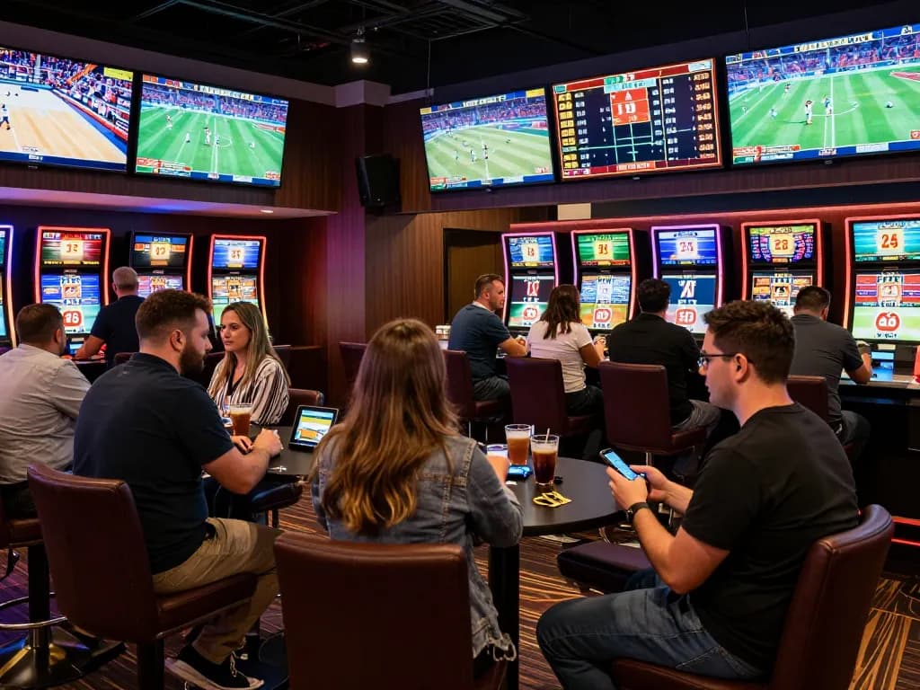 Engaged bettor placing wagers on debet sports events at a modern casino lounge.