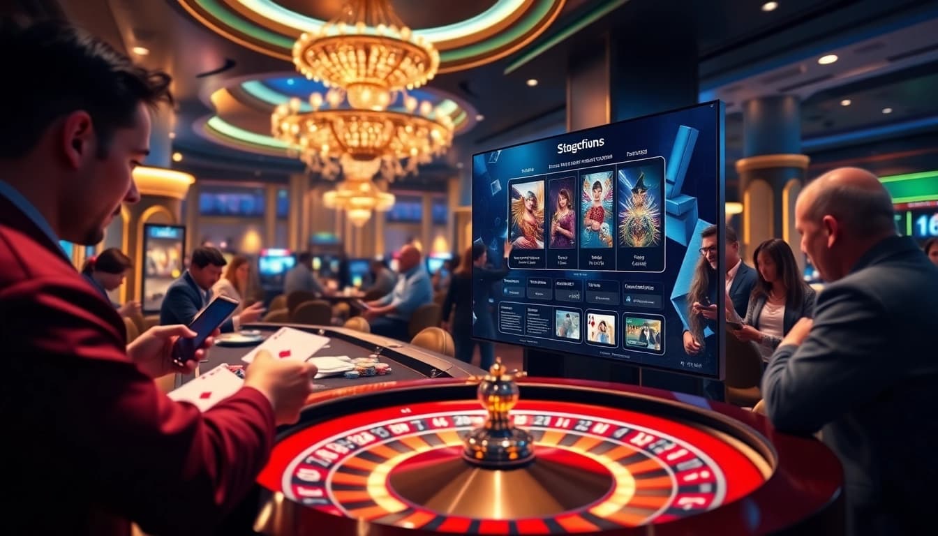 Engaged players enjoying S8 nhà cái online gambling experience amidst casino elements.