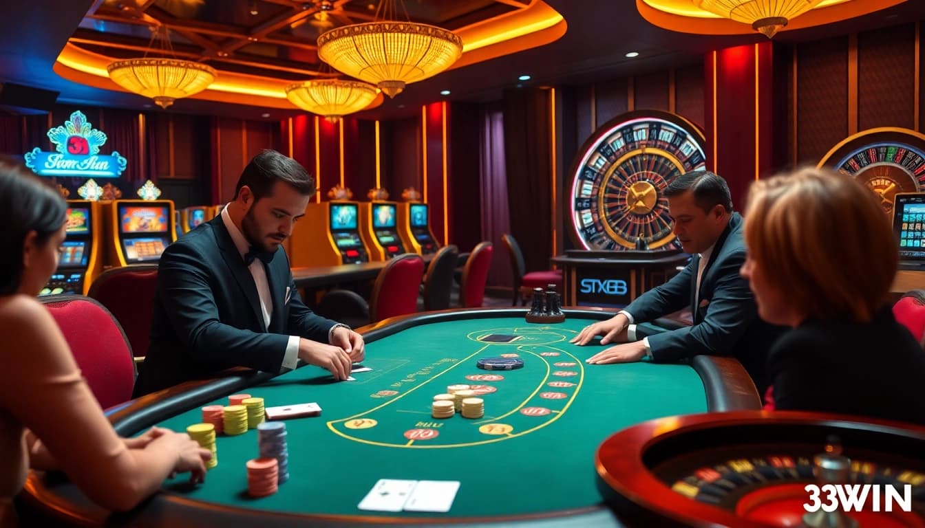 Players strategizing at a high-stakes poker table, representing the thrill of 33WIN.