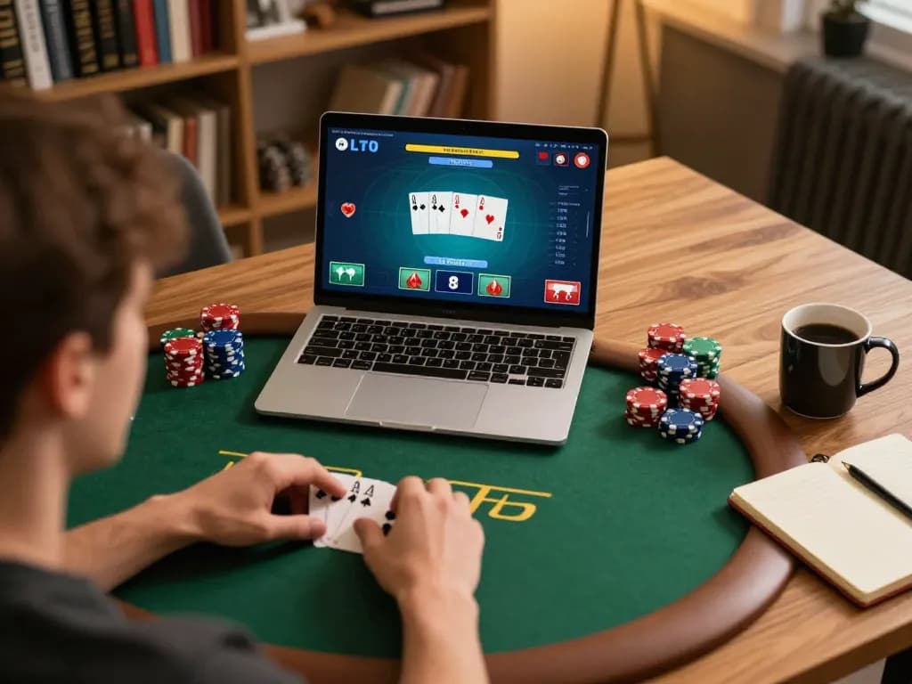 Nohu90 player strategizing during an online poker session at home.