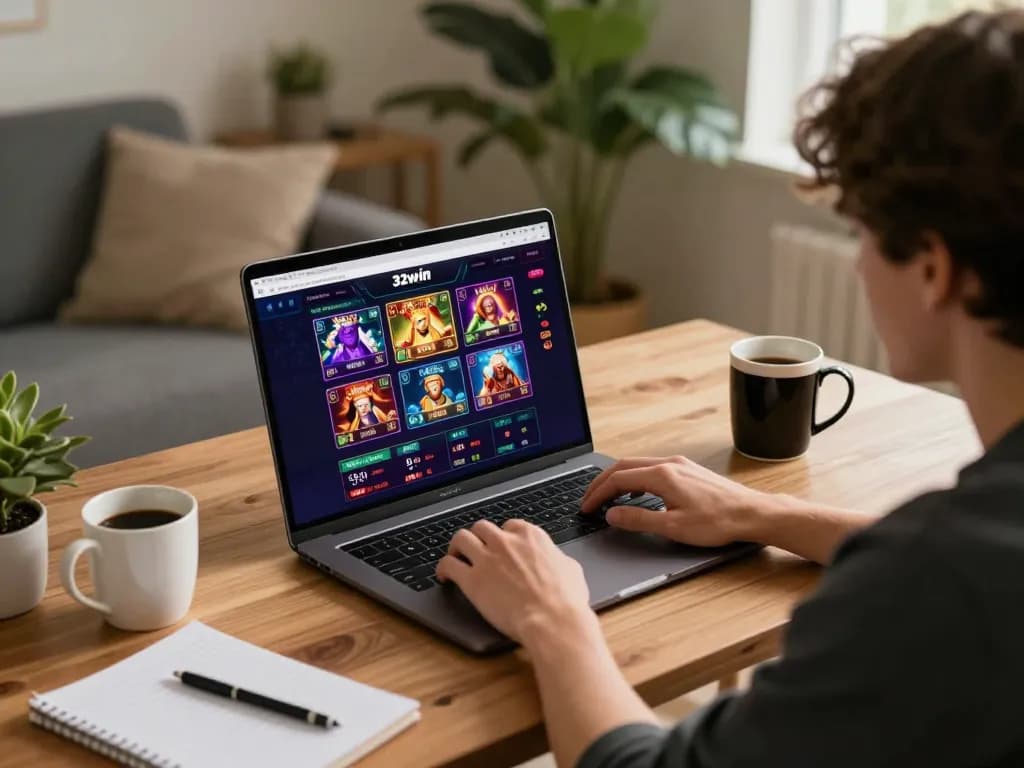 A person enjoying seamless online gaming at 32win, engaged with their laptop in a cozy home setting