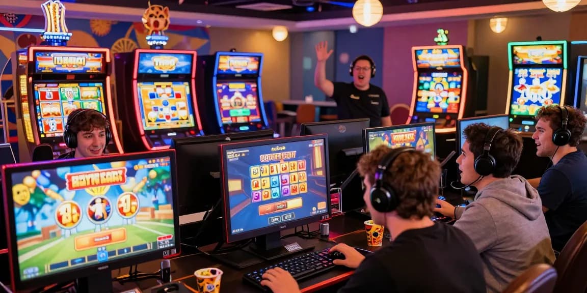 Excited players enjoying bonus buy slots at online casinos, showcasing vibrant gaming atmosphere