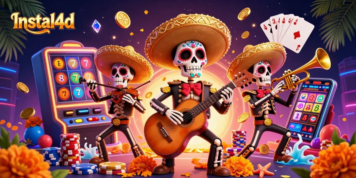 Play thrilling slots and win big with Instal4d's colorful jackpot scene featuring vibrant skeleton mariachi band.