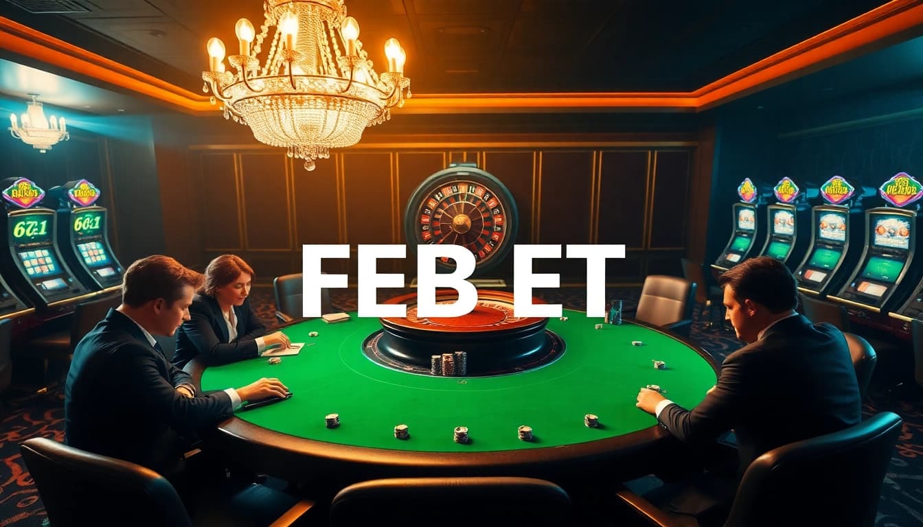 FEBET players engaging at a high-stakes poker table in an elegant casino.