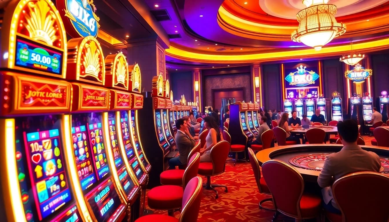 Vibrant BRO138 slot machines and roulette game create a lively casino atmosphere.