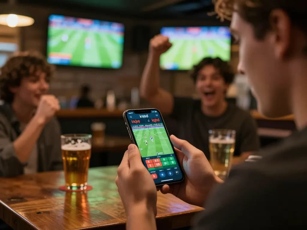 Engaged bettor following kqbd updates on smartphone during a thrilling match in sports bar.