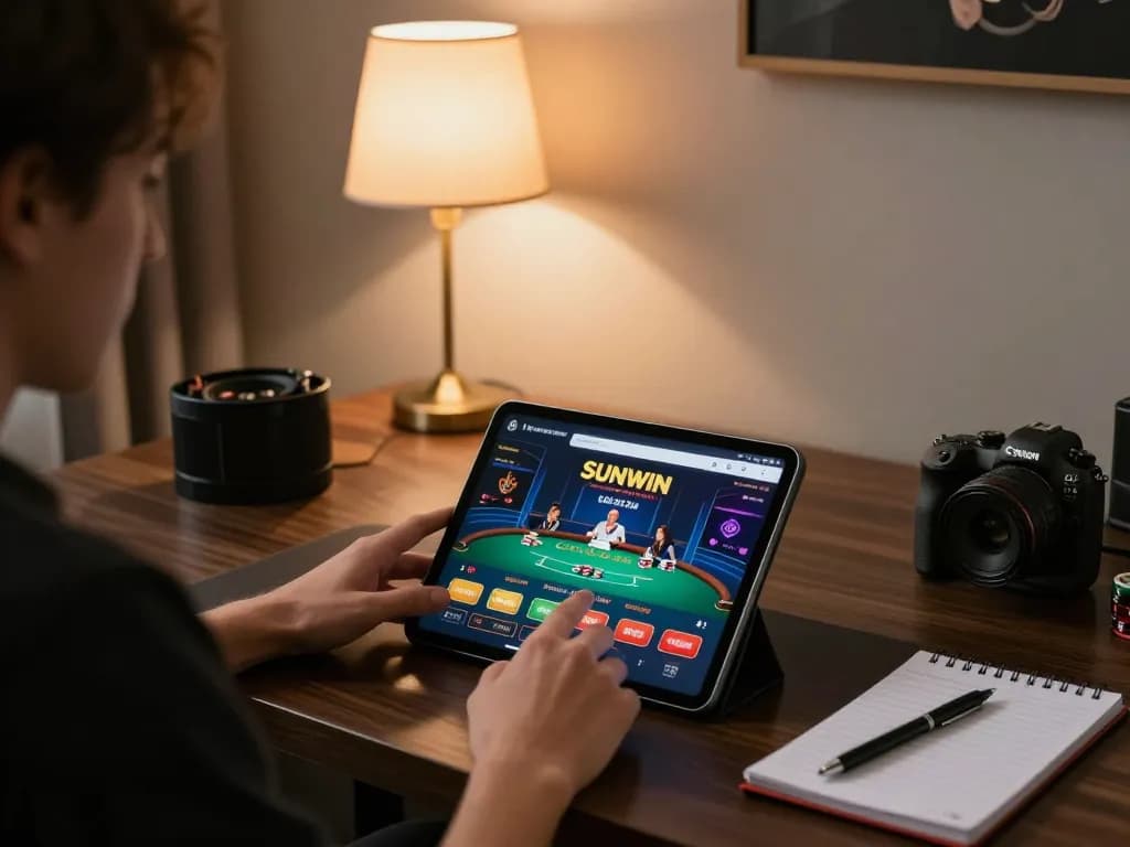 SUNWIN gaming app displayed on tablet in a cozy home setting, emphasizing online gambling strategy