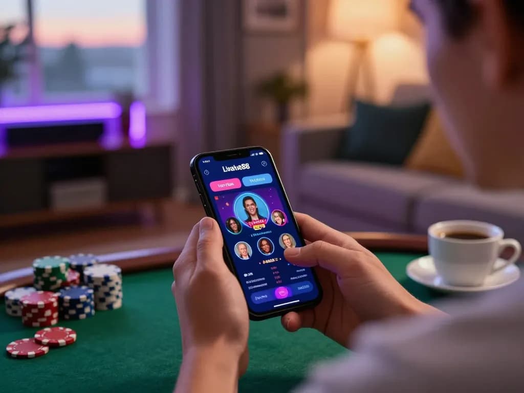 Engage in Live Chat Asialive88 while enjoying your online gambling experience with a smartphone in a cozy living room.