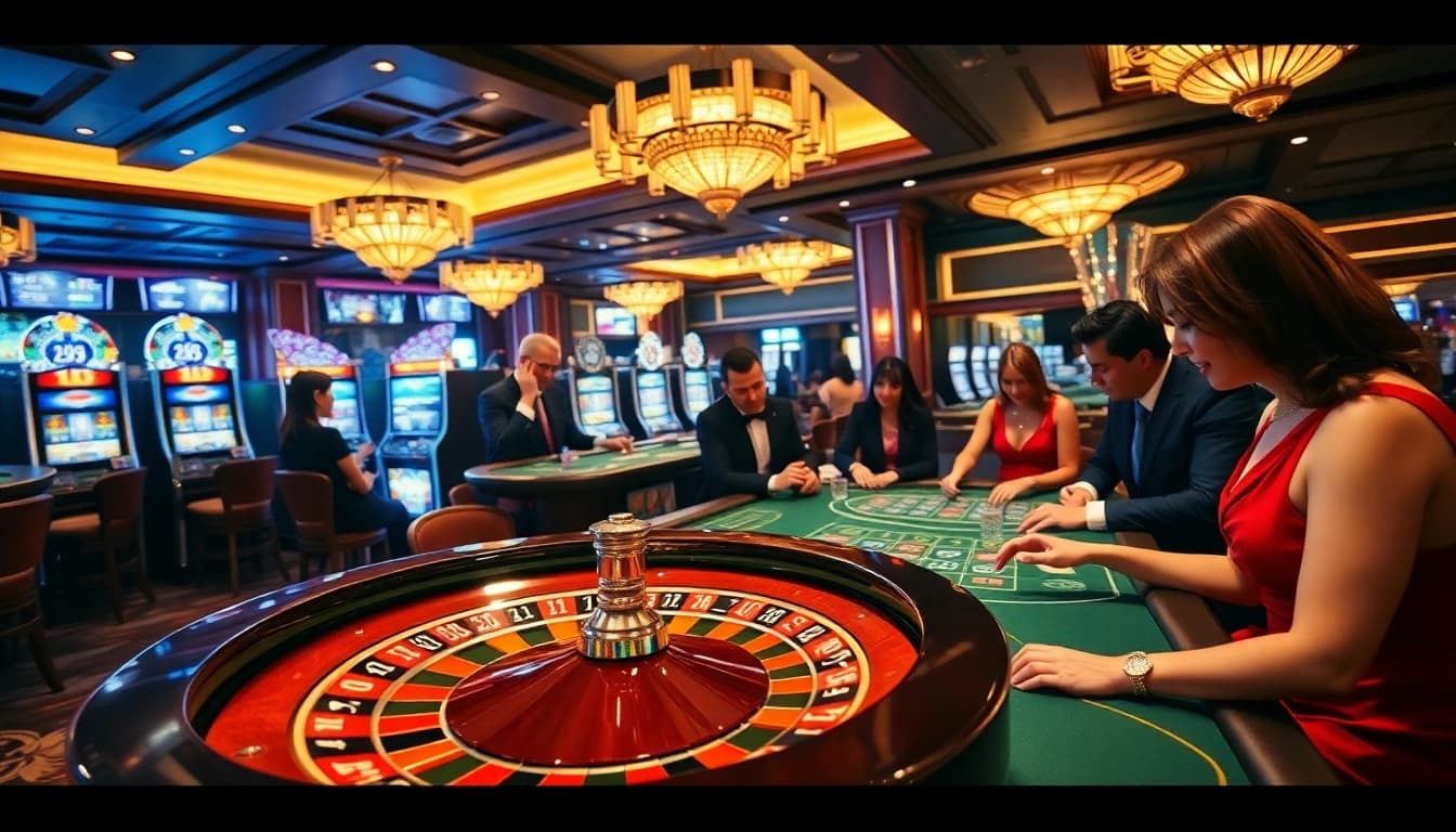 Excitement at a casino with players at a roulette and poker table featured on https://rr88.pizza/.