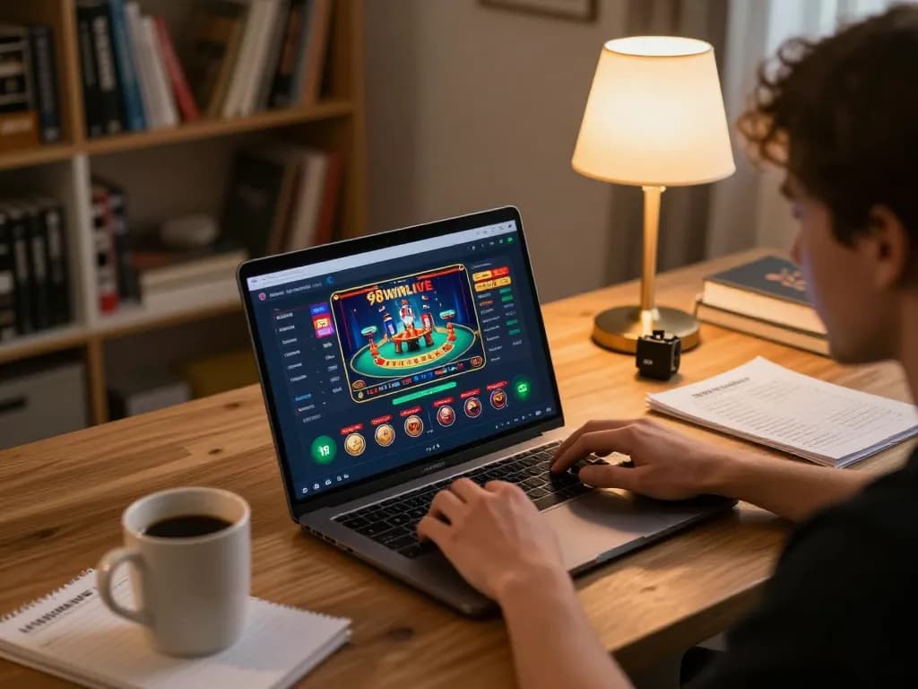 Player engaging in online betting on 98winlive, focused on strategic gameplay at a cozy home setup