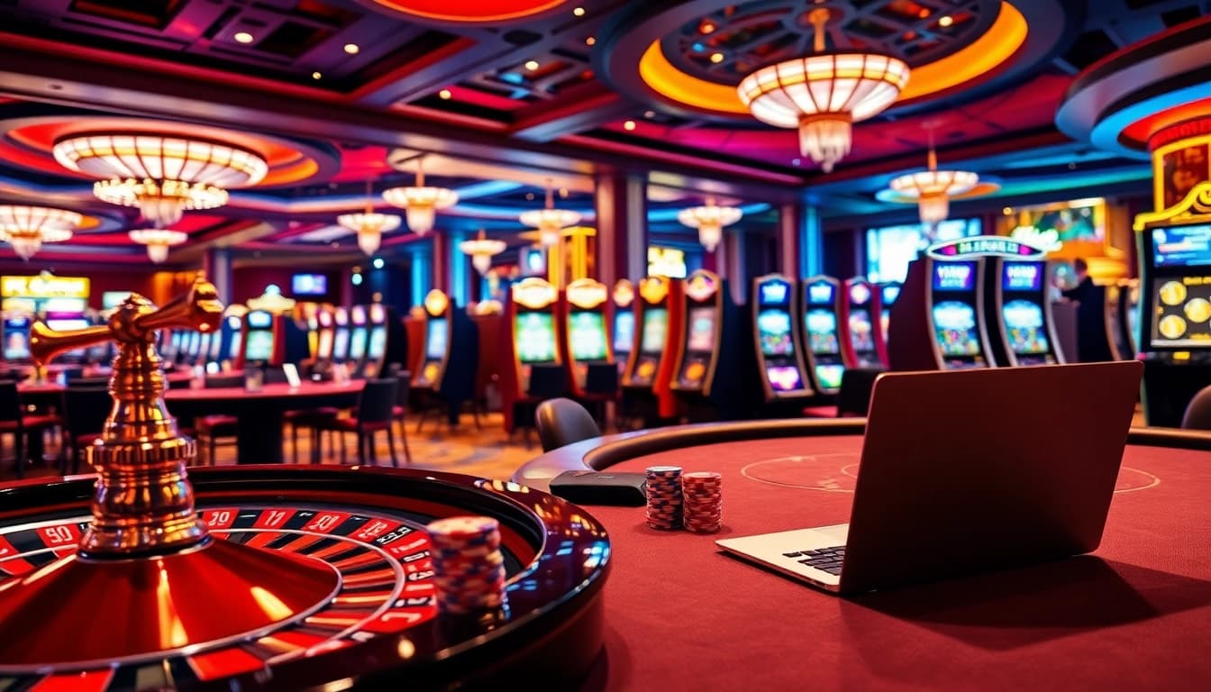 Experience the thrill of winning at https://98win3h.io/ with a luxurious casino gaming scene featuring roulette and poker.