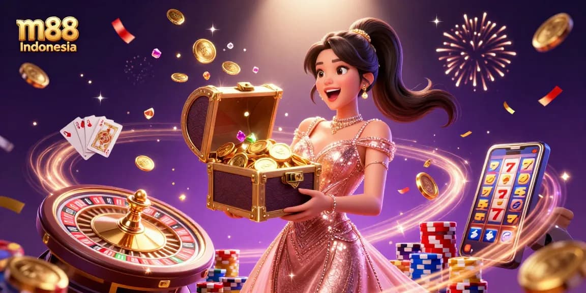 Rasakan jackpot mendebarkan dengan m88 Indonesia saat seorang wanita glamor mengungkap harta karun di tengah elemen kasino yang kaya.