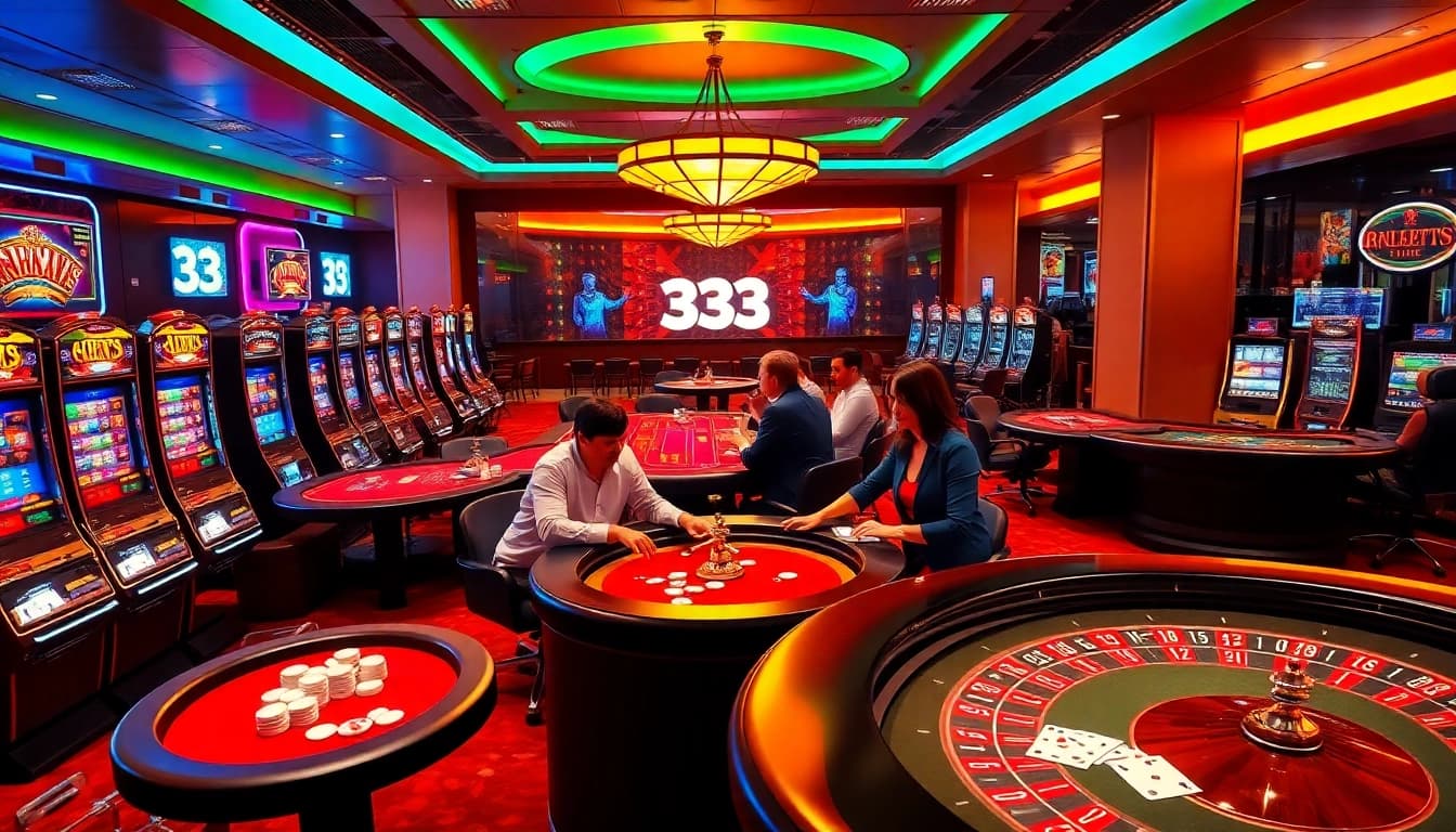33win players engaging at a lively casino, showcasing excitement and luxury in gambling.