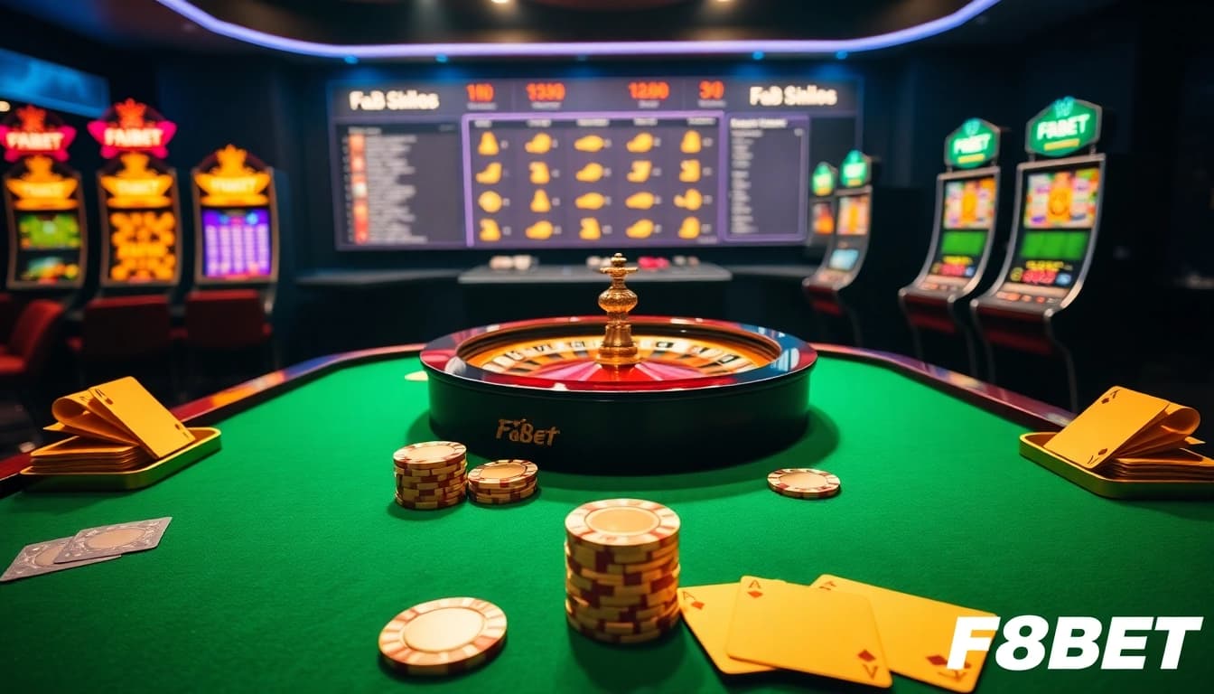 Experience the thrill of F8BET with vibrant casino gaming elements like roulette and poker.