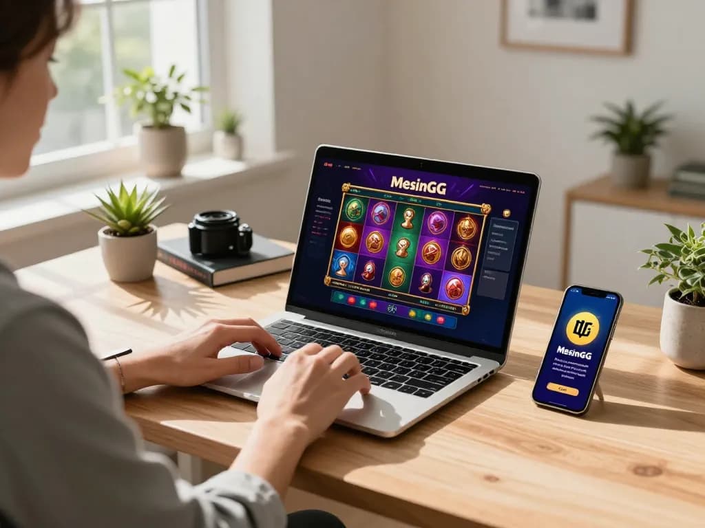 Player engaging with Mesingg online slots on a stylish desk setup, showing laptop and smartphone.