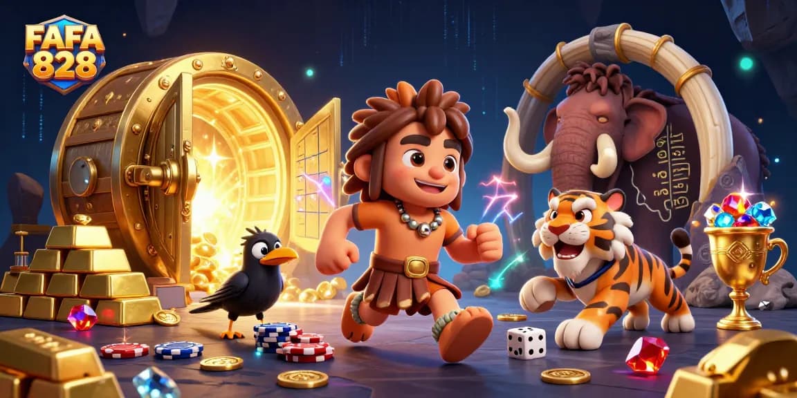 FAFA 828 casino scene featuring a caveman and saber-tooth duo with lavish treasures and dynamic gambling elements.