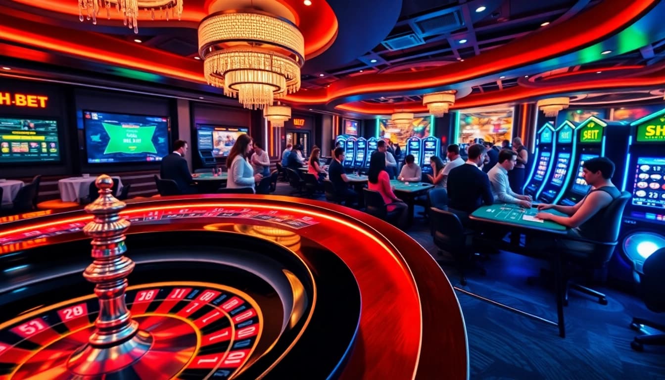 Experience thrilling gaming at SHBET with vibrant casino tables and engaging players.