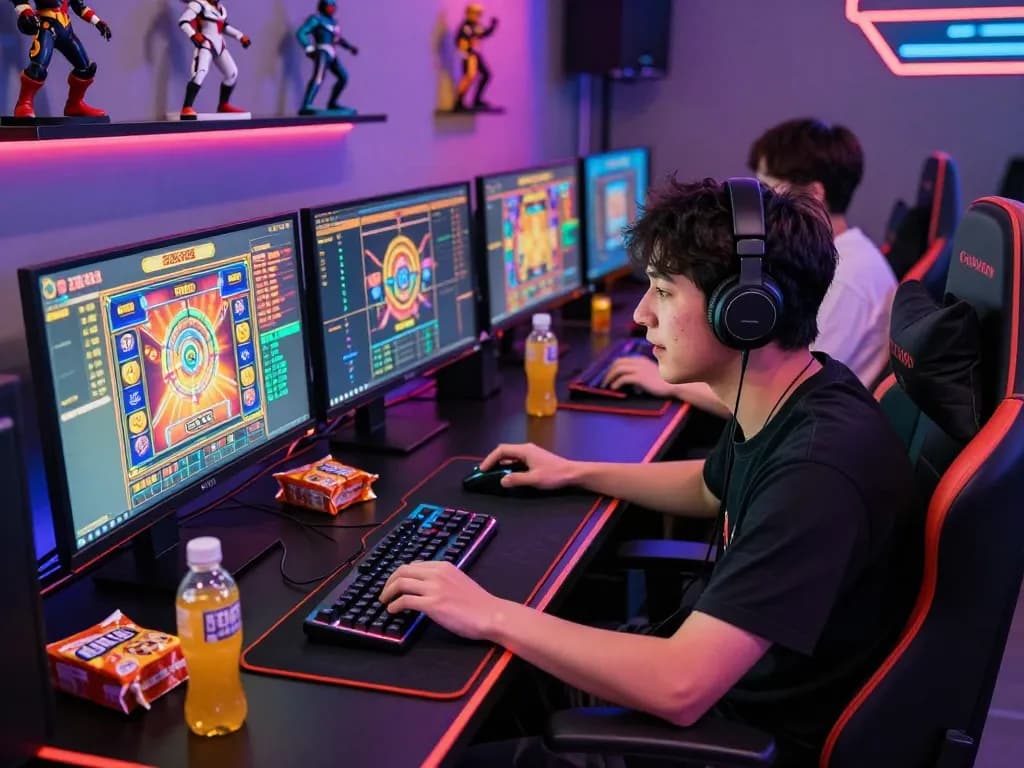 Engaged player enjoying Zeus138 online slot games with vibrant gaming setup.