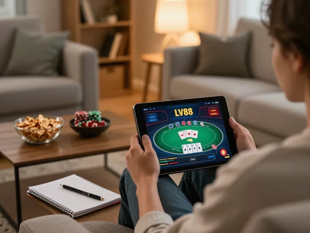 Engaging online casino experience on LV88 with a user on tablet in a cozy home setting.