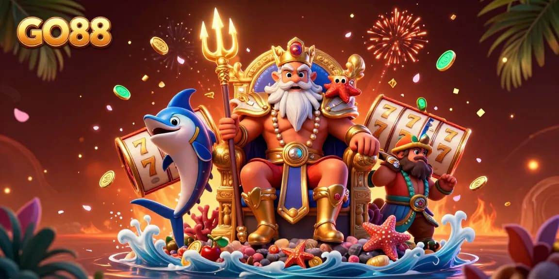 Experience thrilling gaming with GO88's vibrant illustration, featuring a sea king and dynamic slot elements.