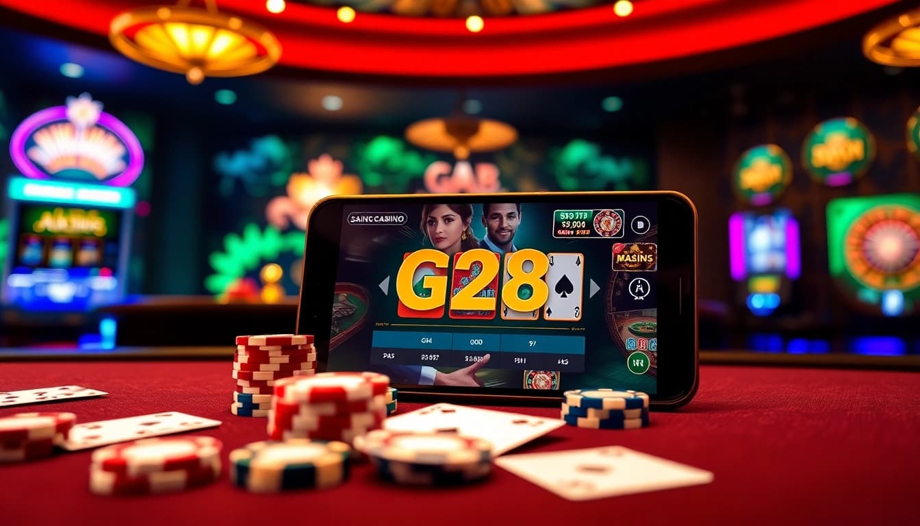 Engaging in an online gambling experience with G28 on a stylish casino interface featuring cards and chips.