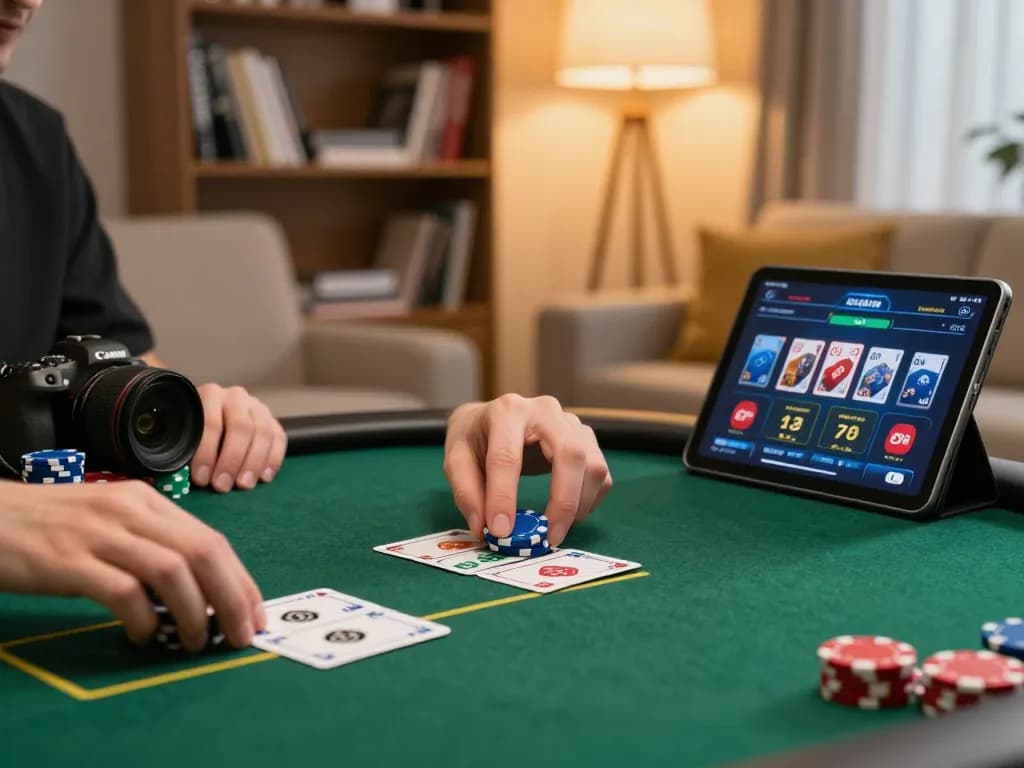 Players enjoying online poker gameplay on tg88, focusing on strategic betting in a cozy home office setting.