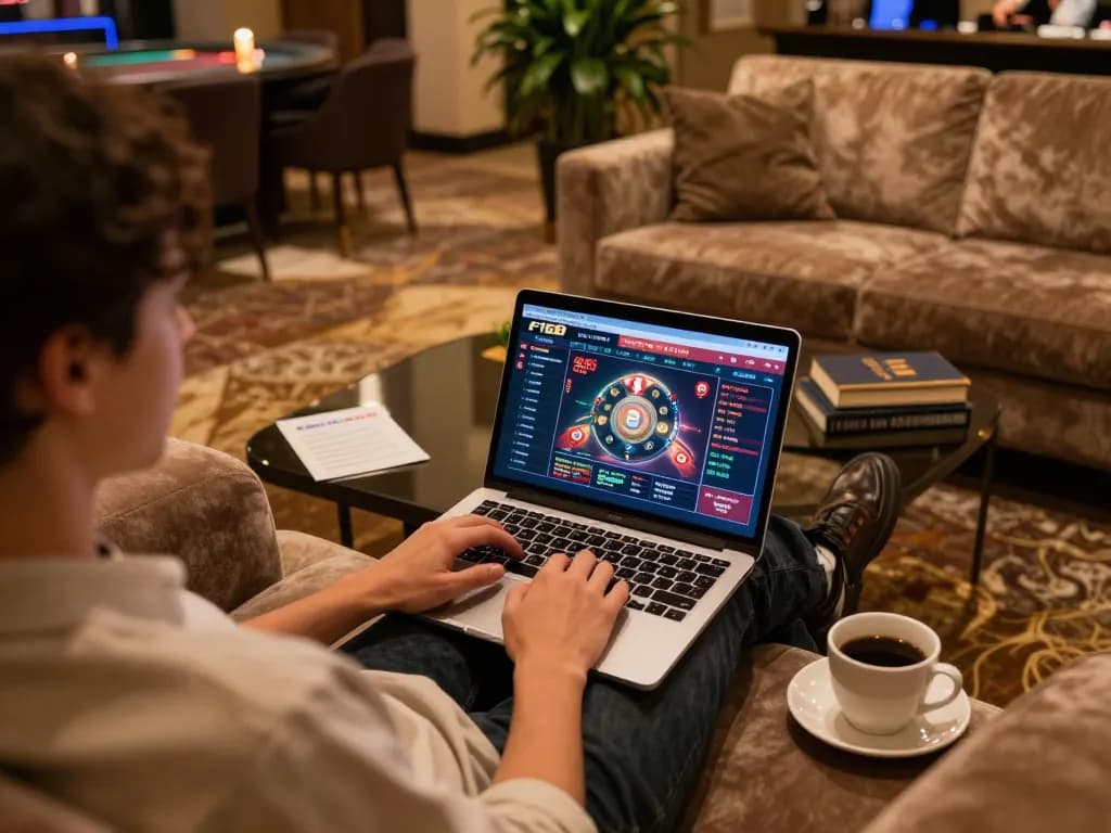 Engaged user exploring F168 casino interface on a laptop in a cozy home setting