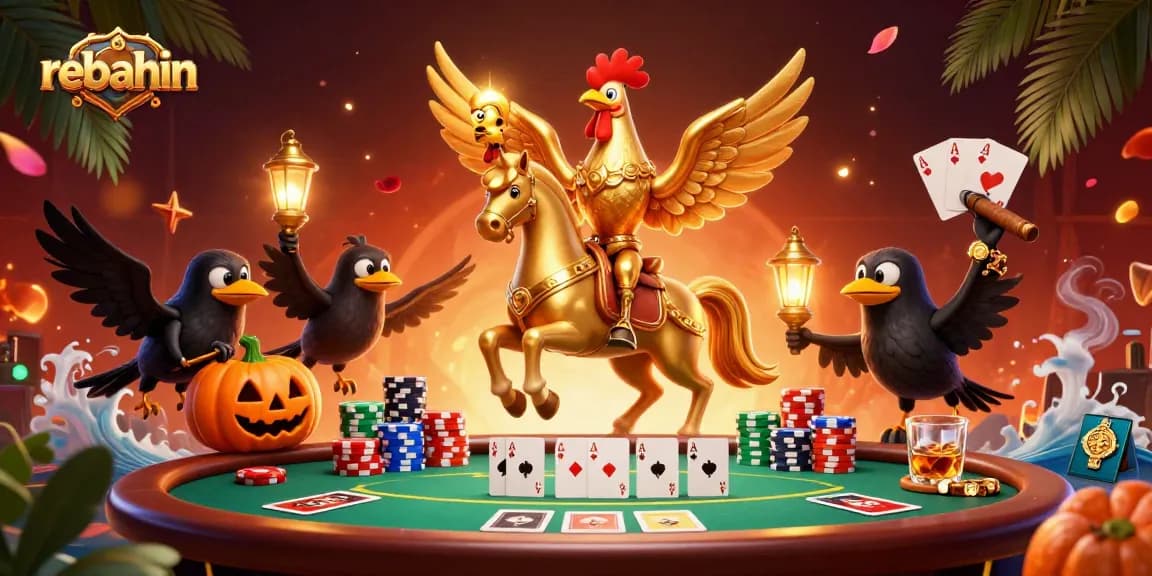 Experience rebahin with a thrilling casino illustration showcasing golden rooster characters amidst vibrant poker elements.