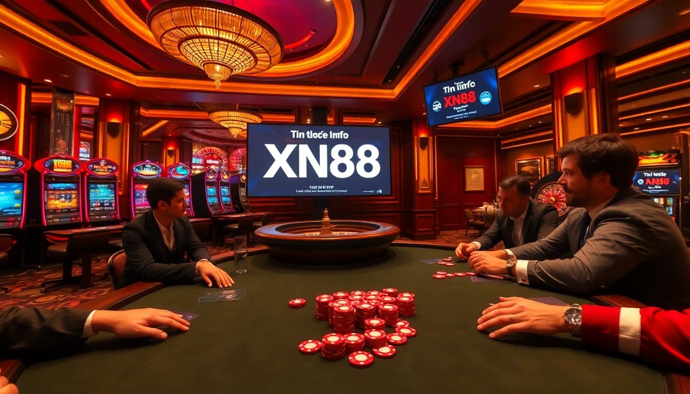 Players engrossed in high-stakes poker at a vibrant casino, showcasing tin tức xn88 updates in an enticing environment.