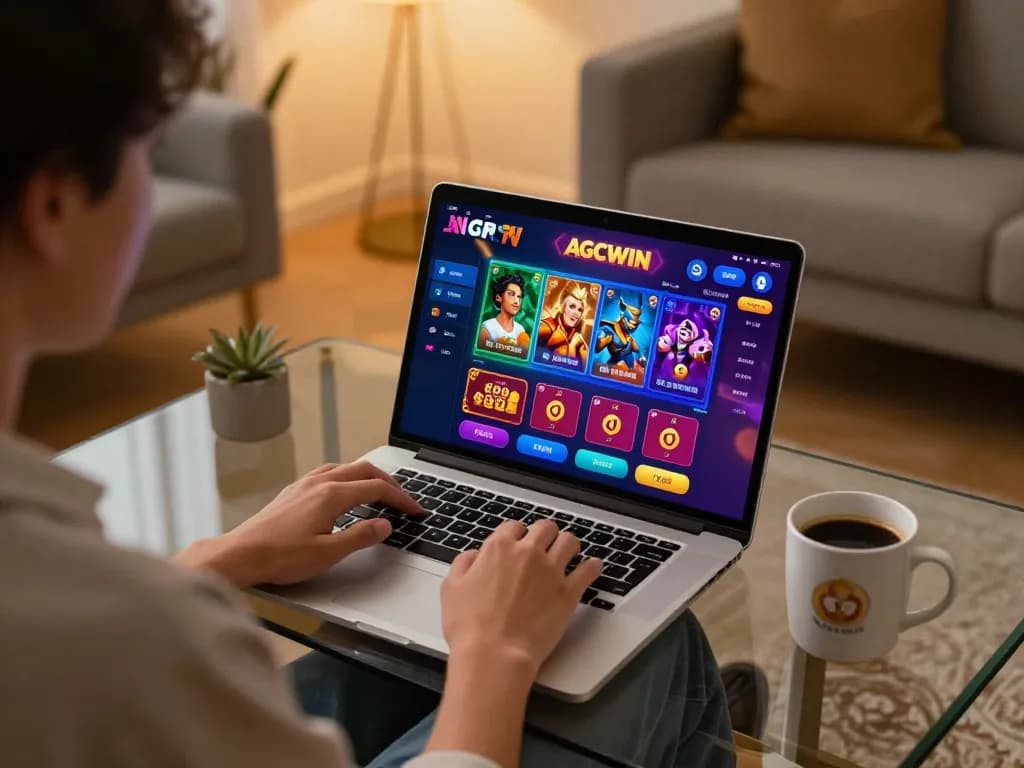Bermain permainan menarik di aplikasi AGCWIN dengan antarmuka kasino berwarna-warni di laptop.