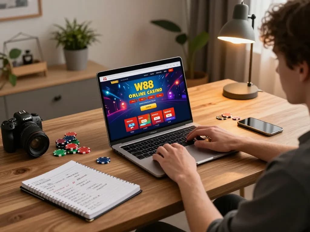 Engaging online gaming session with W88 on laptop, featuring vibrant casino interface and strategic notes.