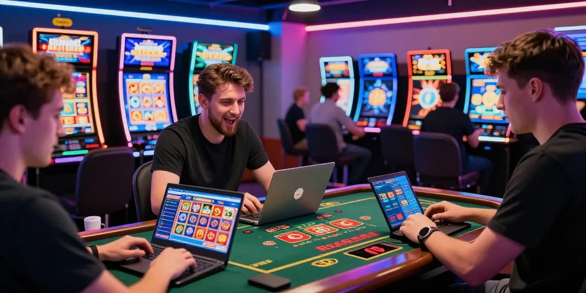 Engaged players exploring new online casinos UK on laptops and mobiles in a vibrant gaming space.