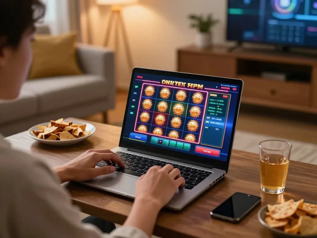 Engaging in online gambling with god55 at a cozy home setup, showcasing a vibrant slot machine interface on a laptop.
