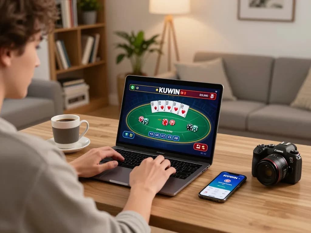 Kuwin online gaming setup at home, featuring a player engaged with poker game on laptop and casino app on phone.