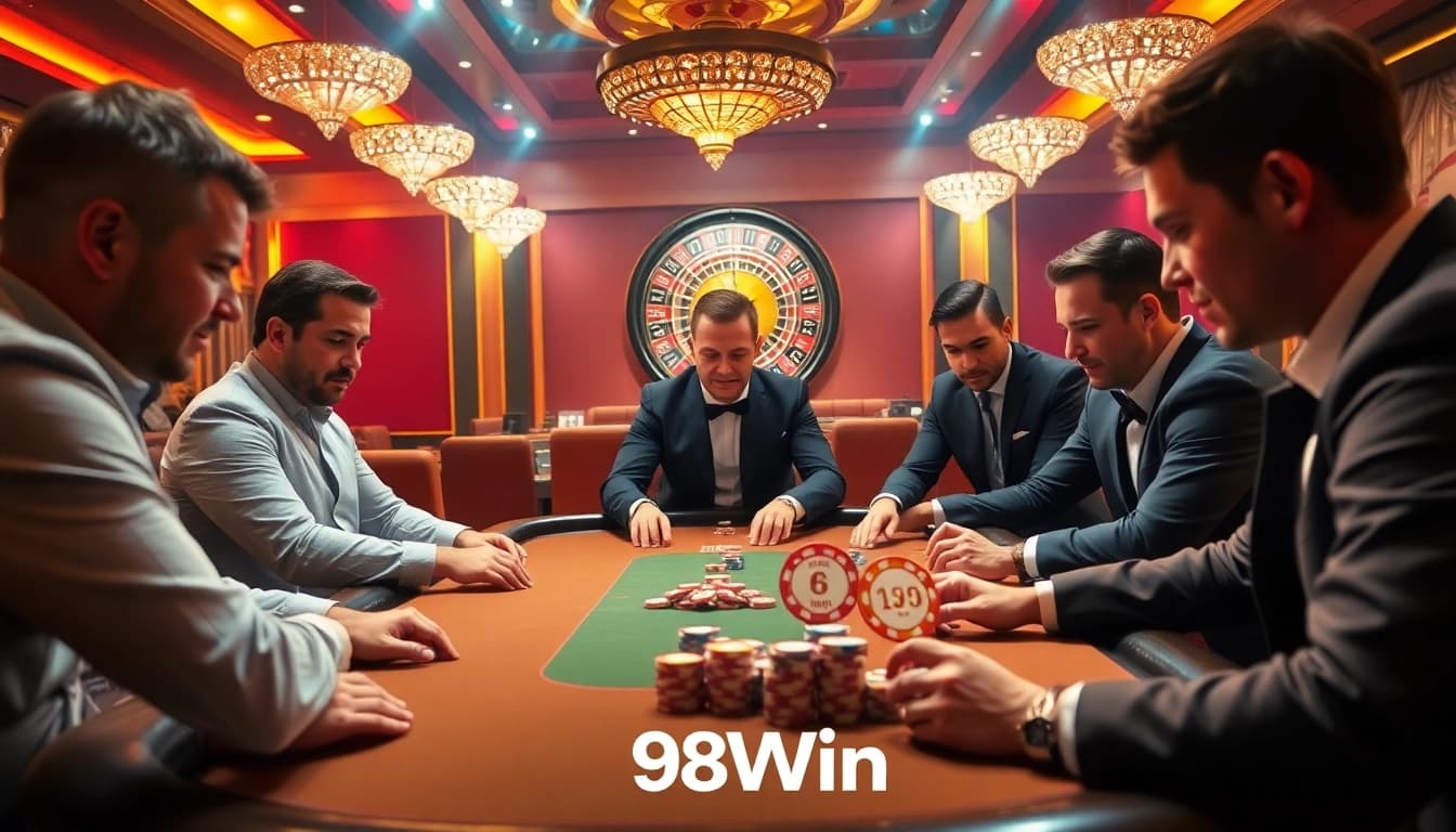 Experience a strategic poker match at 98Win's upscale casino table, showcasing excitement and skill.