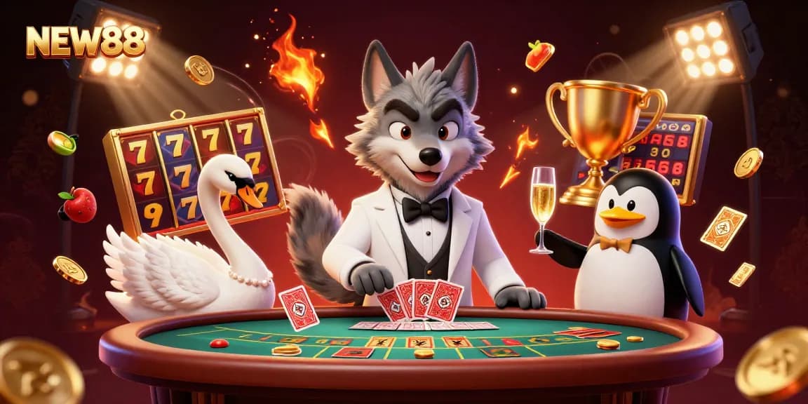 Experience the excitement of NEW88 with a debonair wolf and friends at a vibrant casino scene full of games and slots.