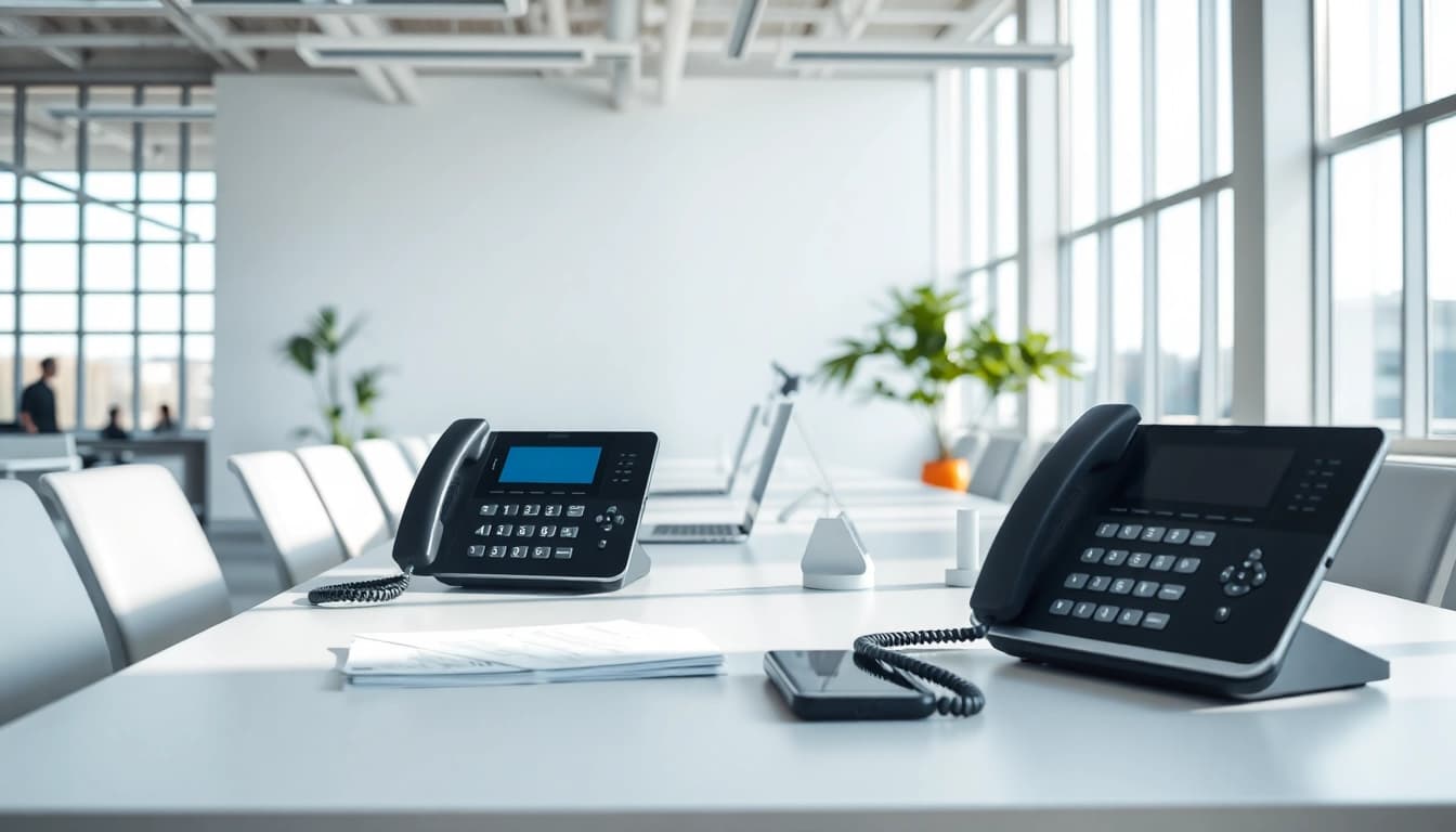 Showcase professional small business phone service setup in an office with modern phones.