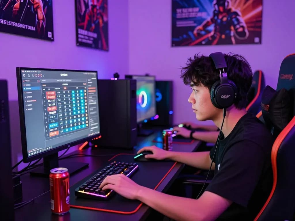 Engaged player celebrating a win at slot gacor 777 gaming station with colorful lighting and gaming gear.