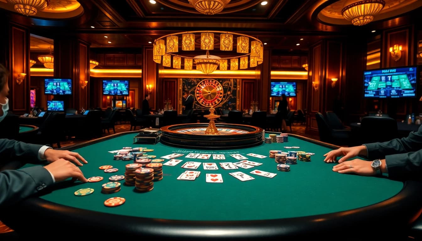 Exciting casino scene showcasing kèo nhà cái betting odds displayed as players engage in high-stakes poker.