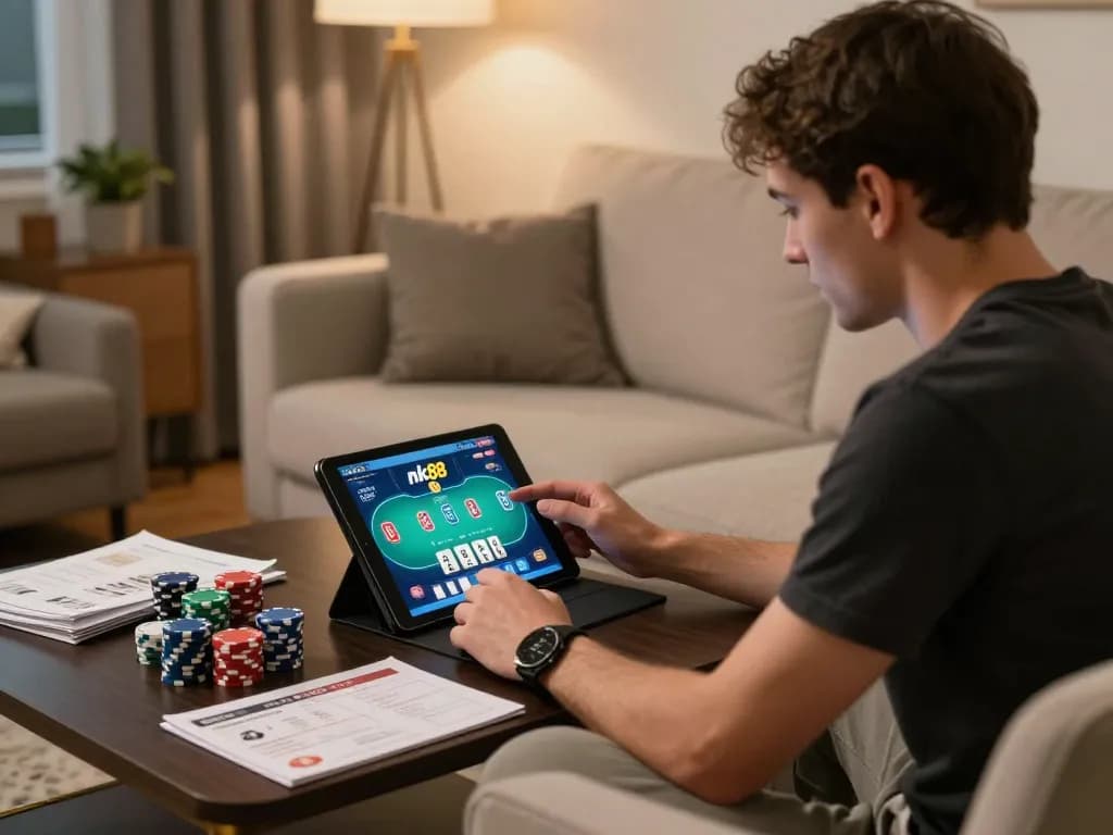 Player engaging with nk88 online poker on a tablet, showcasing strategic gameplay atmosphere in cozy living room