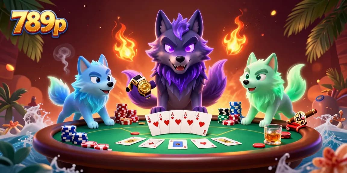 Engage in thrilling bets at 789p with stunning visuals of glowing wolves at a vibrant poker game.