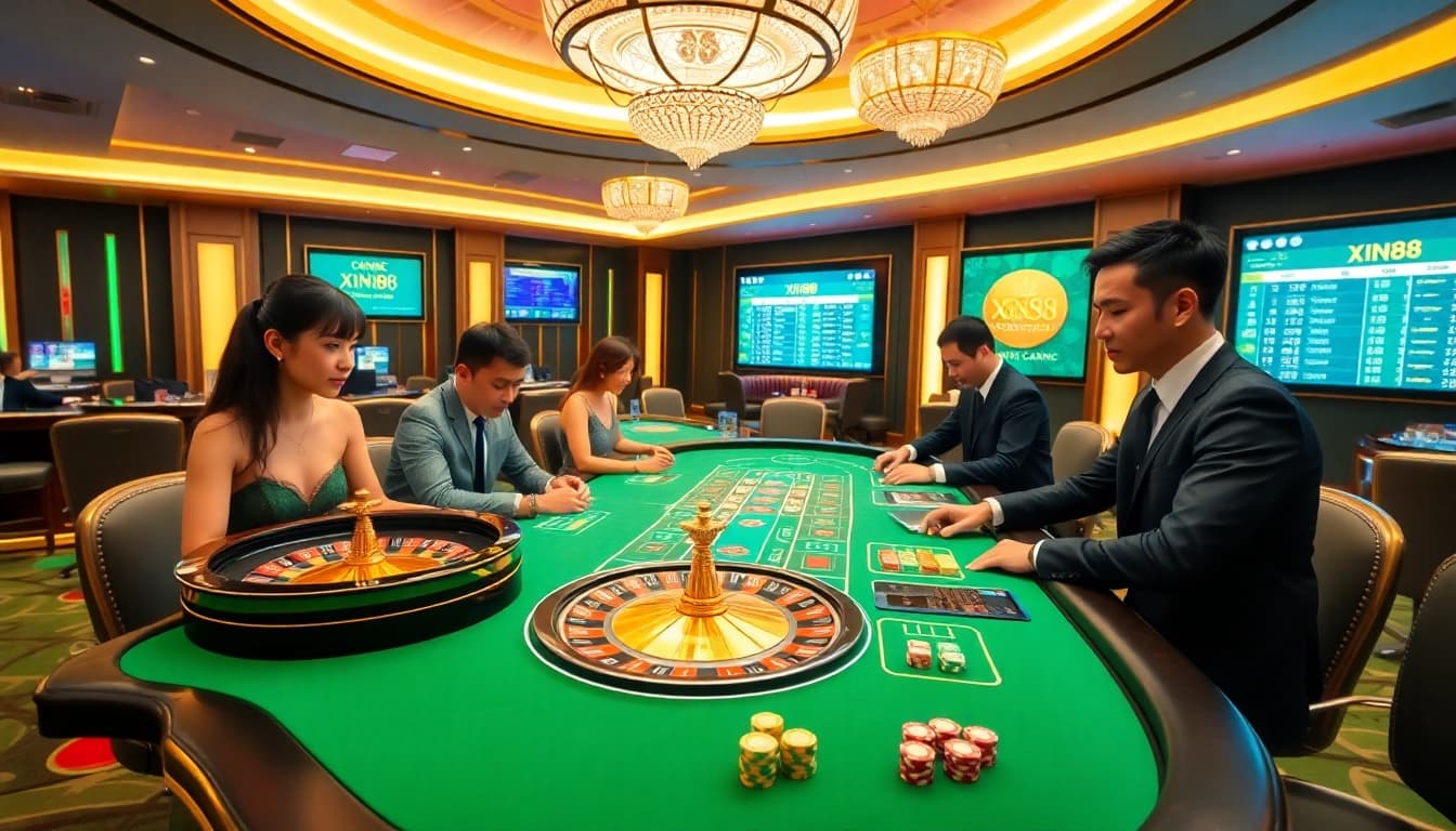 Players engaging in a thrilling game at Xin88 casino table with vibrant colors and professional dealers.