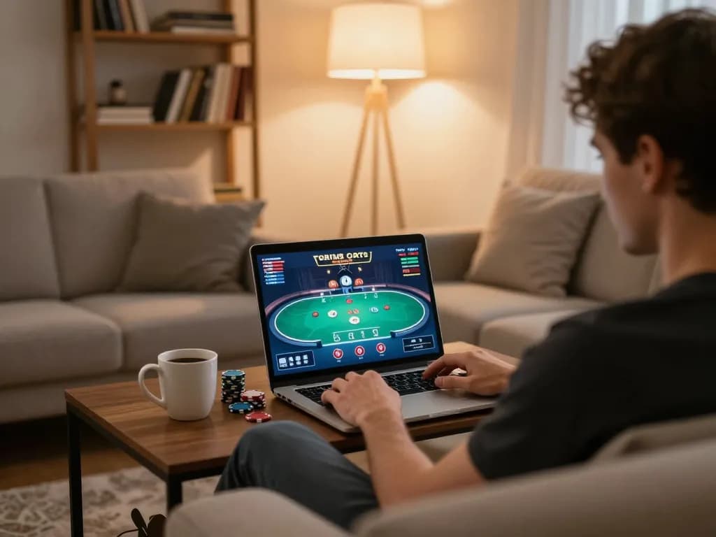 Bermain poker online di idn789 dari pengaturan rumah yang nyaman dengan estetika modern.