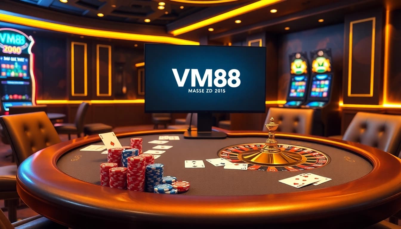 VM88 online casino interface showcasing dynamic poker chips and live roulette wheel action