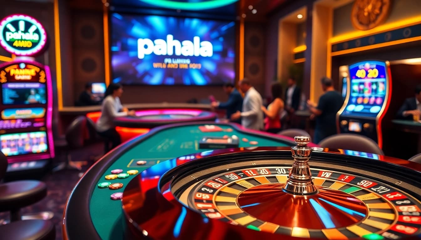 Pahala4d players engaging at an exciting casino table filled with vibrant poker chips and roulette wheels.