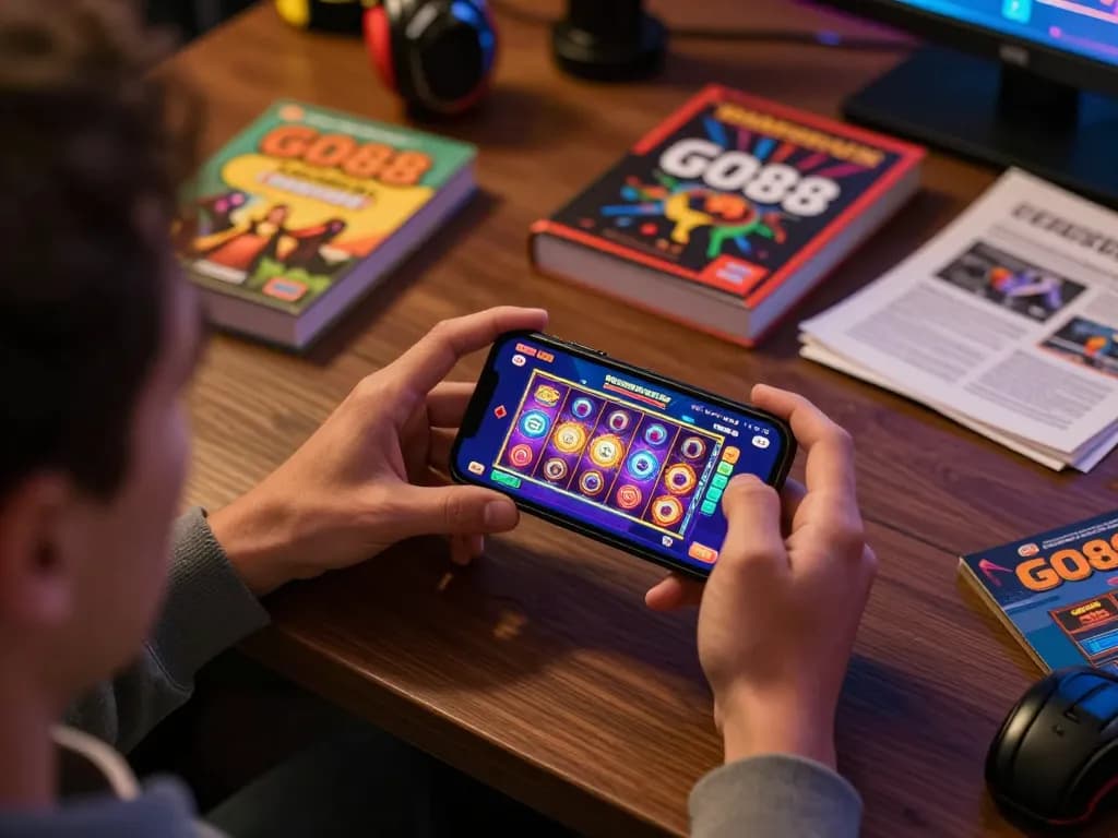 Player engaging with the GO88 app on a smartphone, immersing in strategic mobile gaming.