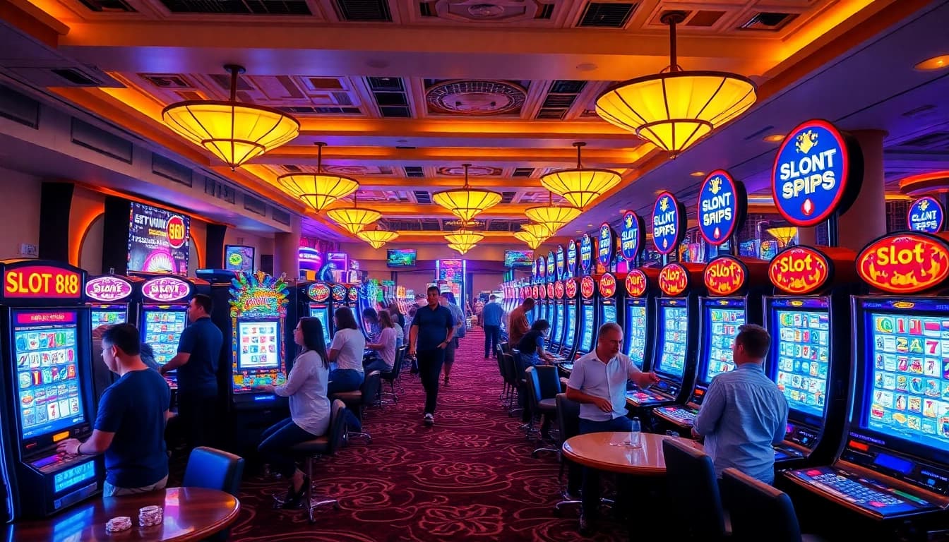 Excited players engage with slot 88 machines amidst vibrant casino lights and energy.