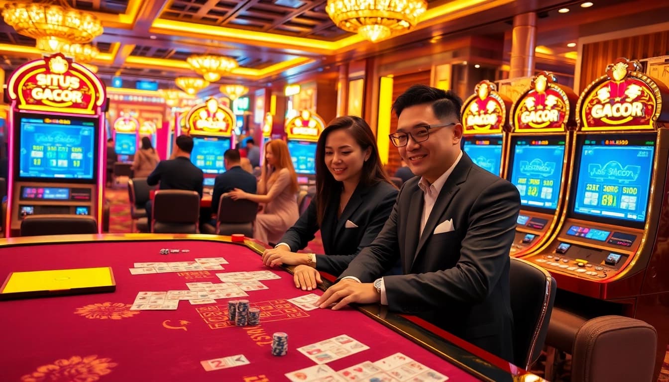 Situs Gacor gaming experience at a luxurious casino with vibrant slot machines and engaging players.